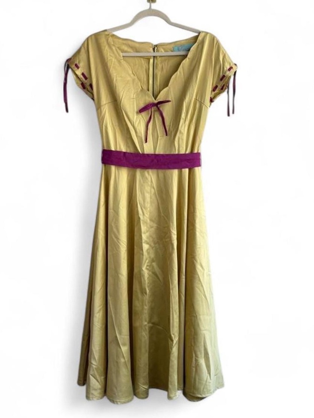 Tatyana Retro 50s Style Yellow & Purple Satin Flare Short Sleeve Dress Size L